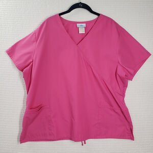 SB Scrubs Medical Top Womens 2X Pink Mock Wrap V-Neck Pockets Nurse Vet Health